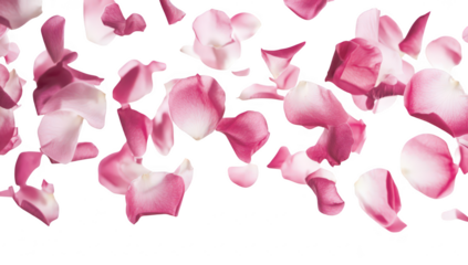 A beautiful scattering of pink and white rose petals gracefully falling against a clean white background. creating an elegant and romantic atmosphere. suitable for wedding or love-themed projects