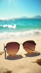 Stylish sunglasses resting on a sandy beach, offering shade from the bright sun Perfect for summer vacation themes, travel, and relaxation imagery , sunglasses, bright, shade