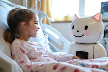 Smiling girl interacting with an AI robot in a hospital bed, receiving emotional support and companionship during recovery