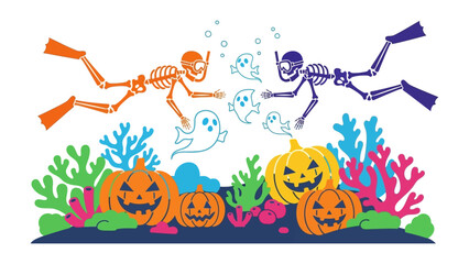 Underwater Halloween Fantasy: Two skeleton divers explore a vibrant, spooky underwater scene, encountering cheerful ghost companions and jack-o'-lanterns against the backdrop of colorful coral reefs.