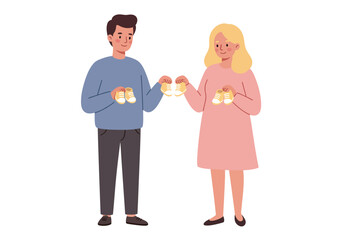 A happy couple holding baby shoes face the viewer