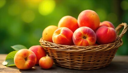 Sun-Drenched Peaches Overflowing from a Wicker Basket Ready for Summer Pies or a Juicy Snack.  These ripe, sweet peaches are the perfect summer harvest, bursting with flavor and vitamin C.