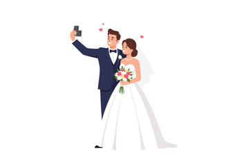 Fototapeta premium A newlywed couple poses for a selfie with hearts surrounding them