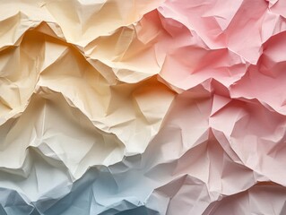 Abstract wrinkled paper background representing the concept of imperfection as beauty, with textured folds blending soft shades of pink, cream, and blue.