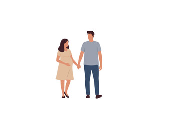 A pregnant woman holding hands with a man both wearing casual clothing