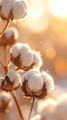 Cotton bolls bathed in golden sunlight