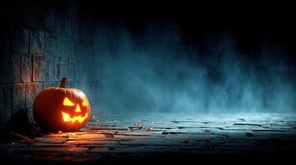 A glowing jack-o'-lantern sits on a cobblestone floor, surrounded by eerie fog and shadows