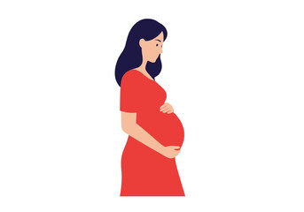 A pregnant woman in a red dress is seen from the side holding her belly