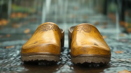 A pair of traditional wooden shoes sit on a wooden floor, ready for use