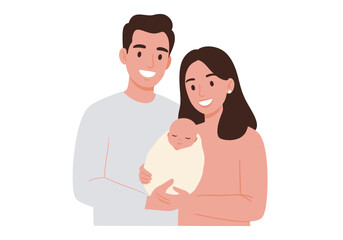 A smiling couple holding a sleeping baby wrapped in a lightcolored blanket