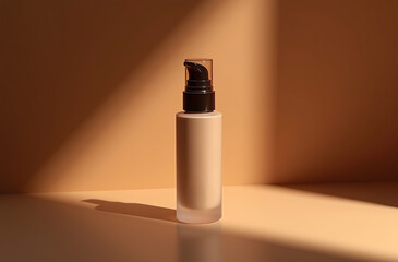 Cream bottle stands prominently on a simple surface, basking in soft, warm light. The gentle shadows enhance its elegant design, creating a peaceful atmosphere