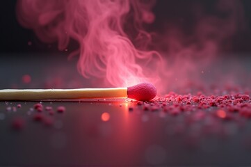 A matchstick is strikingly lit, releasing bright smoke and colorful particles into the air. The atmosphere is dark, enhancing the captivating glow of the flame and the vivid hues of the dust