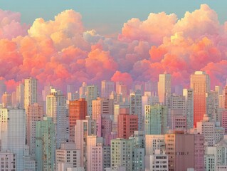 Pastel architecture symbolizing modern minimalism, where city blocks merge with vibrant artistic cloud formations.