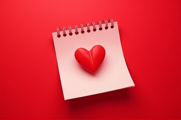 A bright red heart sits on an unmarked notepad, creating a warm and inviting scene. The rich red background adds a cheerful touch, perfect for expressing love and affection