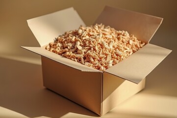 A box filled with light brown wood shavings sits in soft golden light, showcasing a textured surface perfect for crafts, packaging, or animal bedding