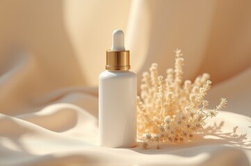 Set against a warm, soft backdrop, a beautifully designed serum bottle rests beside gentle, dried flowers. The sunlight casts a serene glow, enhancing the tranquil vibe