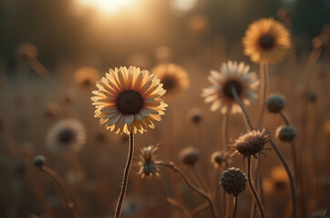 Golden sunlight bathes a field of sunflowers during sunset, creating a warm glow. The flowers stretch towards the sky, swaying gently in the evening breeze
