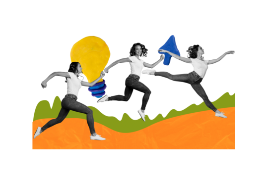 Creative image collage young cheerful running girl achieve goal target ambitious self improvement lightbulb idea smart invention