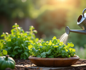 In a peaceful garden scene, a gardener waters lush herbs in a wooden bowl under the warm sun. The vibrant green plants reflect nature's beauty and encourage growth