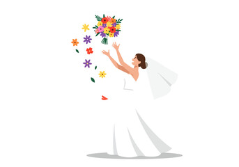 Bride throws a bouquet of flowers wearing a wedding gown and veil