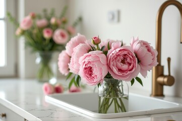A stunning arrangement of fresh pink peonies sits in a clear vase on a marble countertop, while softly lit by natural sunlight. The elegant kitchen exudes beauty and charm