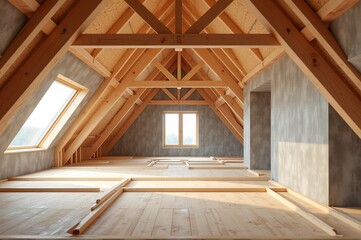 An open attic space features stunning wooden beams and large windows. Natural light floods the area, highlighting the unfinished wooden floors and inviting endless design possibilities