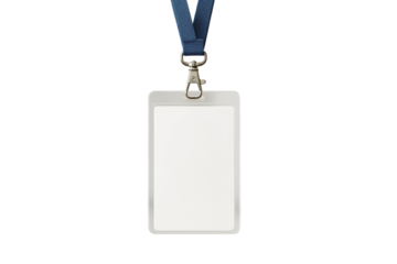 Blank plastic ID badge with blue lanyard, isolated style on white background. Concept of identity, event pass, office access. Ai generative