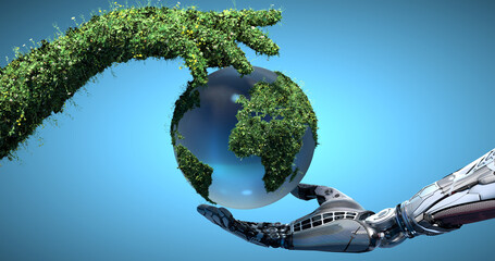 Hi Tech Mechanical Robot and Nature covered with flowers and grass two arms hovering Earth Globe as Save Water Green Technology conceptual design on gradent background. 3d render