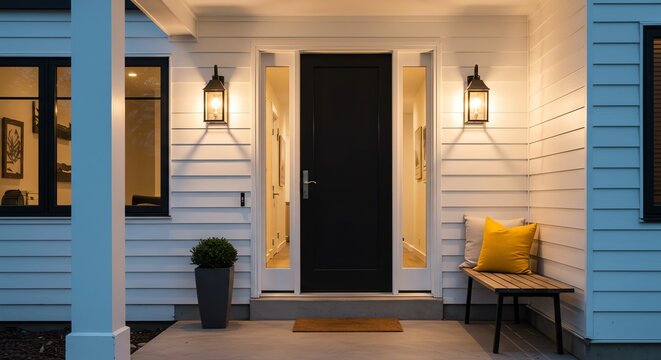 Front door with lanterns and bench on porch - Powered by Adobe