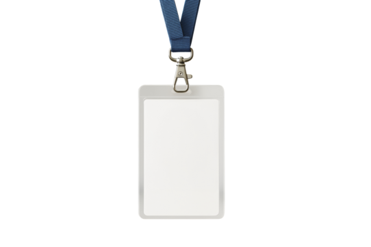 Blank plastic ID badge with blue lanyard, isolated style on white background. Concept of identity, event pass, office access. Ai generative