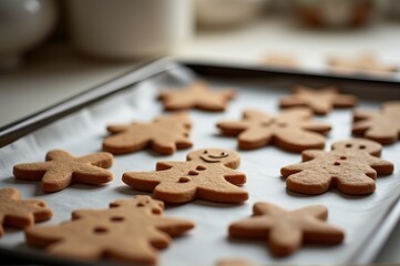 Freshly baked gingerbread cookies lay on a baking tray, ready for decoration. The warm colors and cheerful shapes create a festive atmosphere, inviting creativity and joy