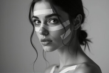 A striking close-up of a woman with delicate features showcasing artistic bandages on her face, symbolizing strength and vulnerability in a serene setting