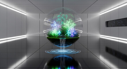 Futuristic Minimalist 3D Scene of Botanical Sphere Floating in White Space
