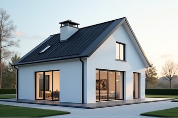 A contemporary house features clean lines and expansive windows, glowing warmly from within. Surrounded by lush greenery, it stands against a tranquil sunset backdrop, exuding calm elegance