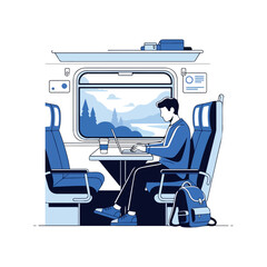 Man Working on Laptop in Train Travel