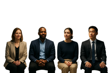 Four diverse business people sitting in formal attire, isolated style, on white background. Concept of teamwork and professional unity. Ai generative