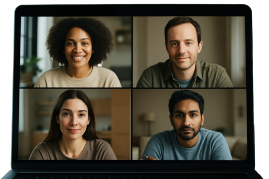 Four people in a virtual video call shown on laptop screen, natural light style, indoor background, concept of remote communication. Ai generative