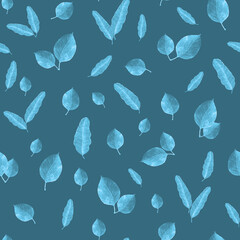 Soft blue leaves create a calming pattern on a dark background, suitable for various design projects or decor
