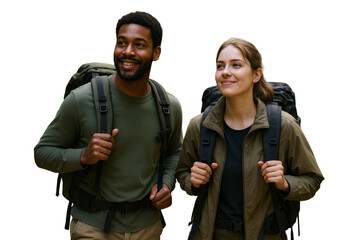 Two people hiking, isolated style, white background, concept of adventure and travel, clean design element for creative layout. Ai generative