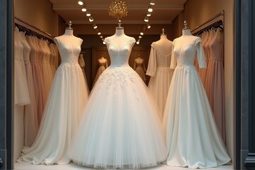 Three stunning wedding dresses grace a boutique window, each showcasing intricate details and classic designs