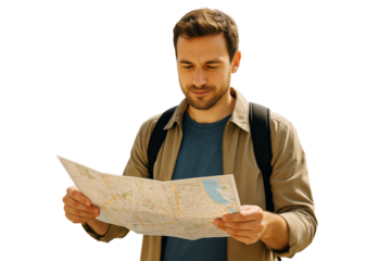 Man looking at city map, casual style, isolated on white background, concept of travel planning or navigation, cutout element. Ai generative
