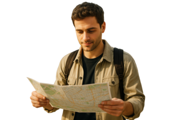 Young man looking at map with backpack, isolated on white background, clean closeup layout, concept of travel planning. Ai generative