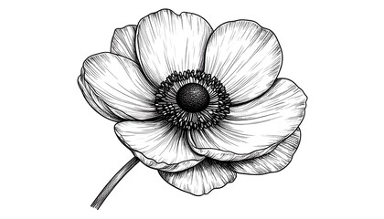 Detailed line drawing of an anemone flower