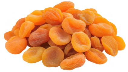 A pile of dried apricots their rich orange hues. arranged attractively on a white background. perfect for culinary uses. healthy snacking. or food photography