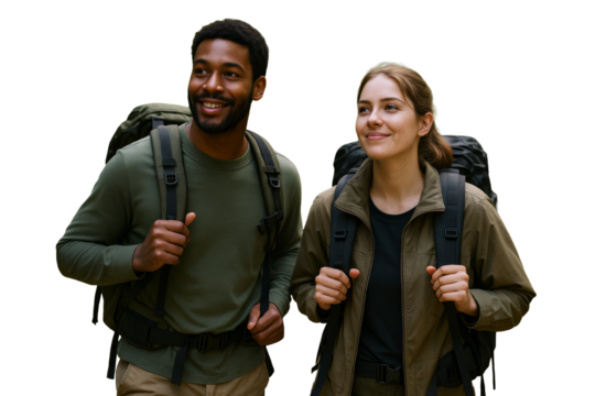 Two people hiking, isolated style, white background, concept of adventure and travel, clean design element for creative layout. Ai generative