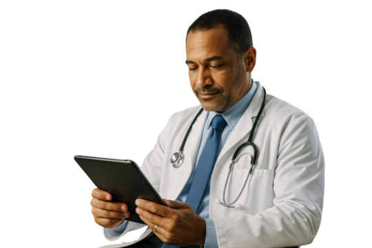 Male doctor wearing lab coat and stethoscope using tablet device, isolated on clean white background, closeup concept of digital healthcare. Ai generative