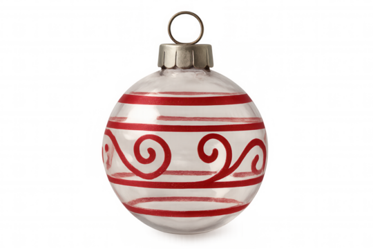 Clear glass christmas bauble with red stripes and swirl patterns, holiday season decoration