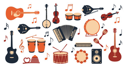 A collection of musical instruments and notes in various styles and colors.