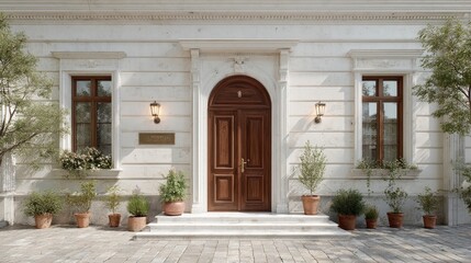 Obraz premium Elegant Brown Wooden Entrance Door with White Stone Facade and Flowering Plants in Pots Under Warm Sconce Lighting