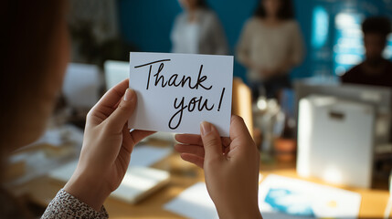 Hands Holding Thank You Card In Office